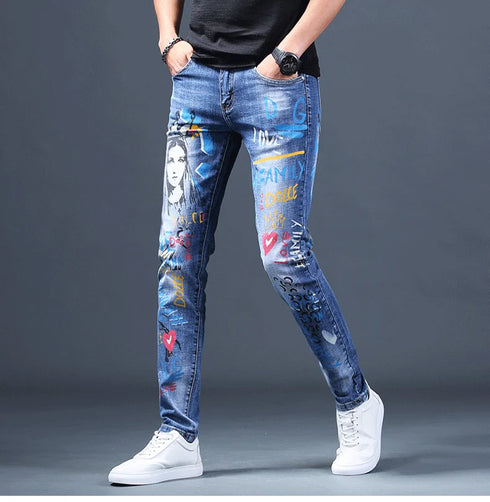 Slim Fit Korean Streetwear Graphical Printed Luxury Hip-Hop Stretch Denim Jeans for Men - Perfect Medium Wash Jeans Outfit